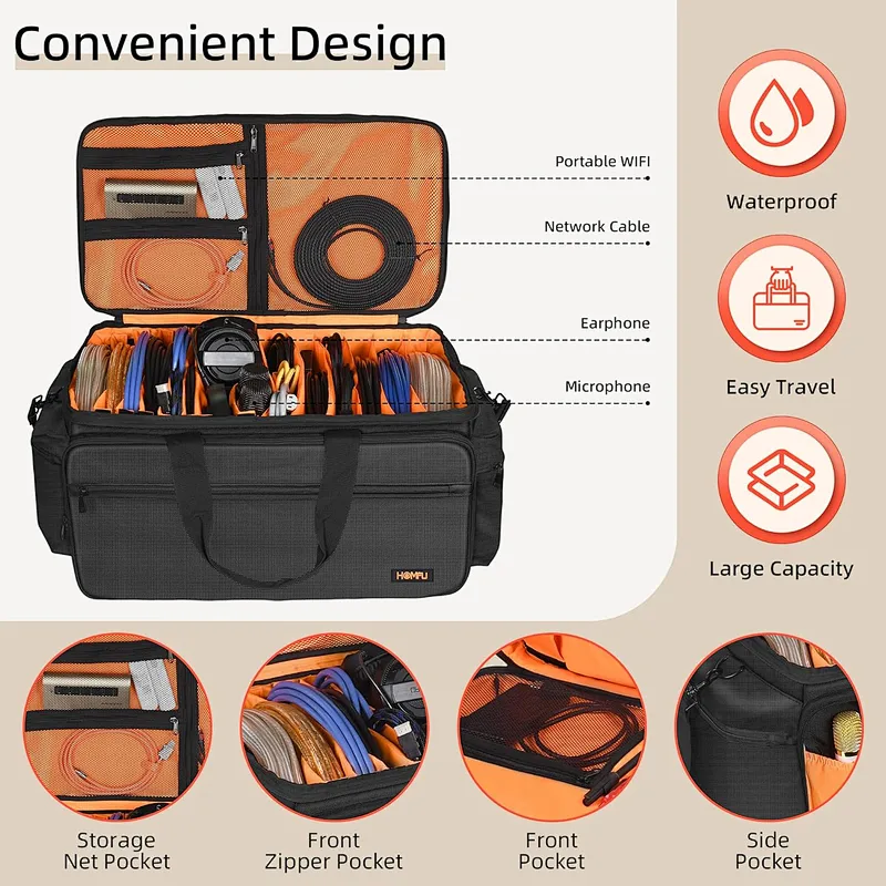 HOMFU DJ Gear Gig Bag High Capacity DJ Cable File Bag with Multi-function Pockets and Detachable Padded Bottom Travel Gig Bag for Cords Sound Equipment DJ Gear Outdoors